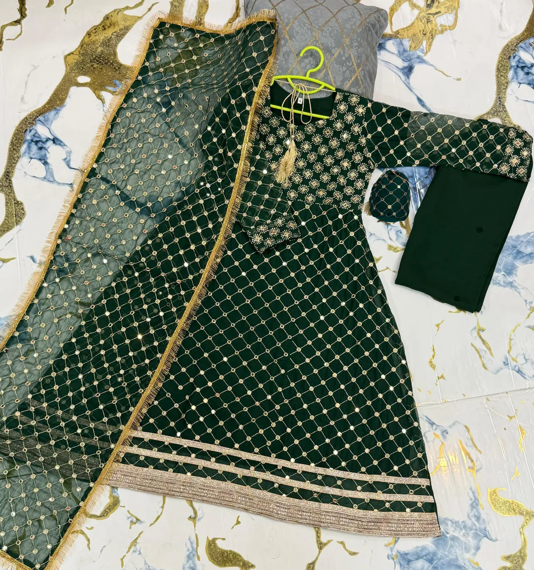 Kids Green Maxi Dress 9MM Work Border With Dupatta