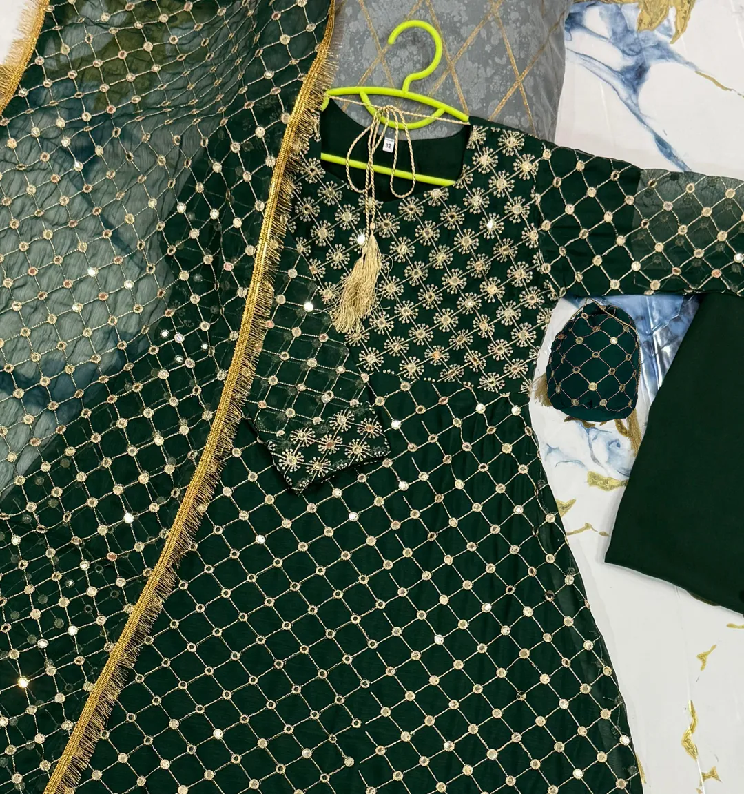 Kids Green Maxi Dress 9MM Work Border With Dupatta