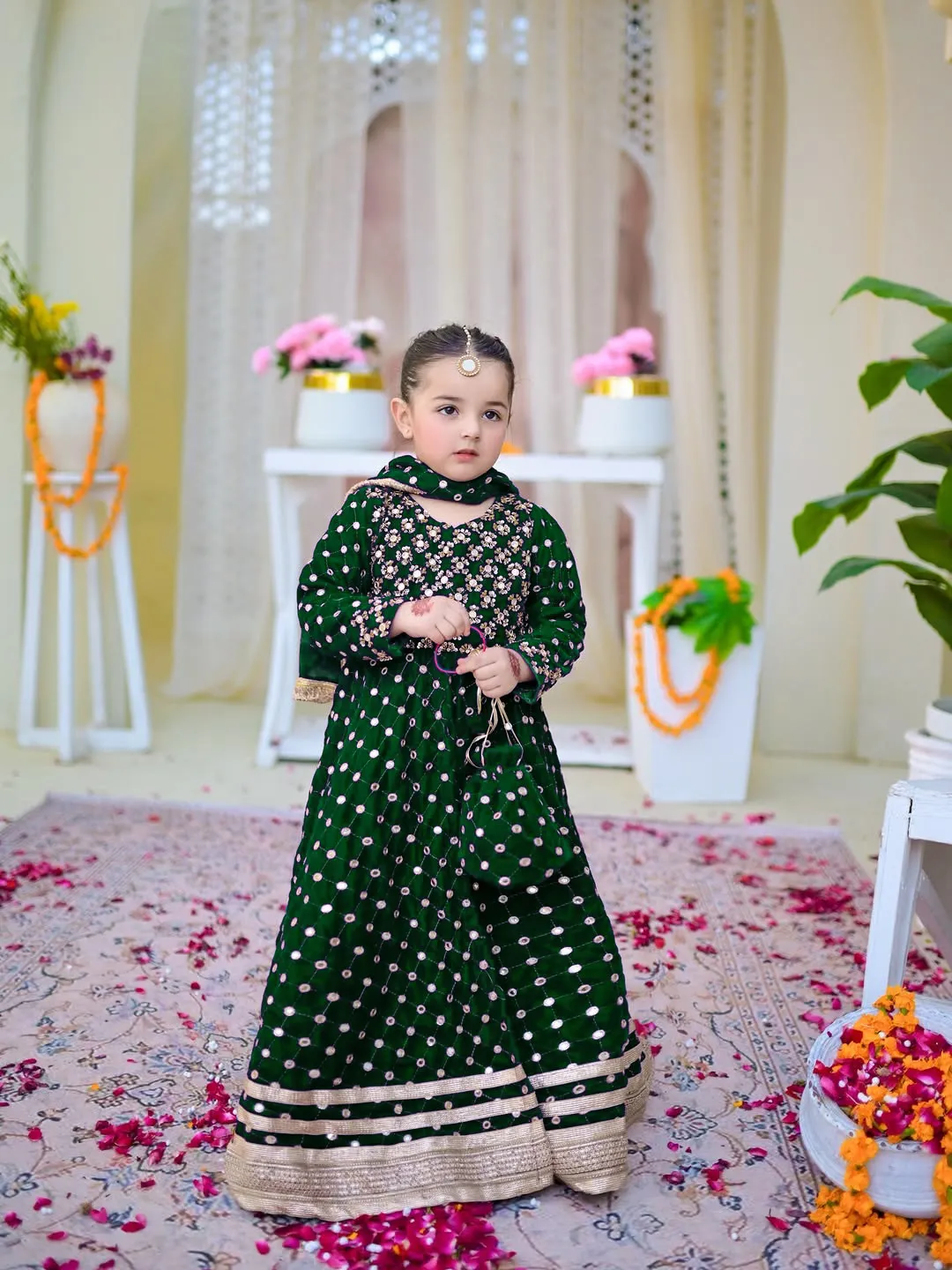 Kids Green Maxi Dress 9MM Work Border With Dupatta