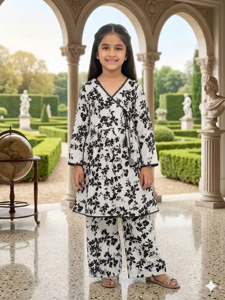 2 Pcs Girl's Cotton Lawn Printed Kurta And Pajama
