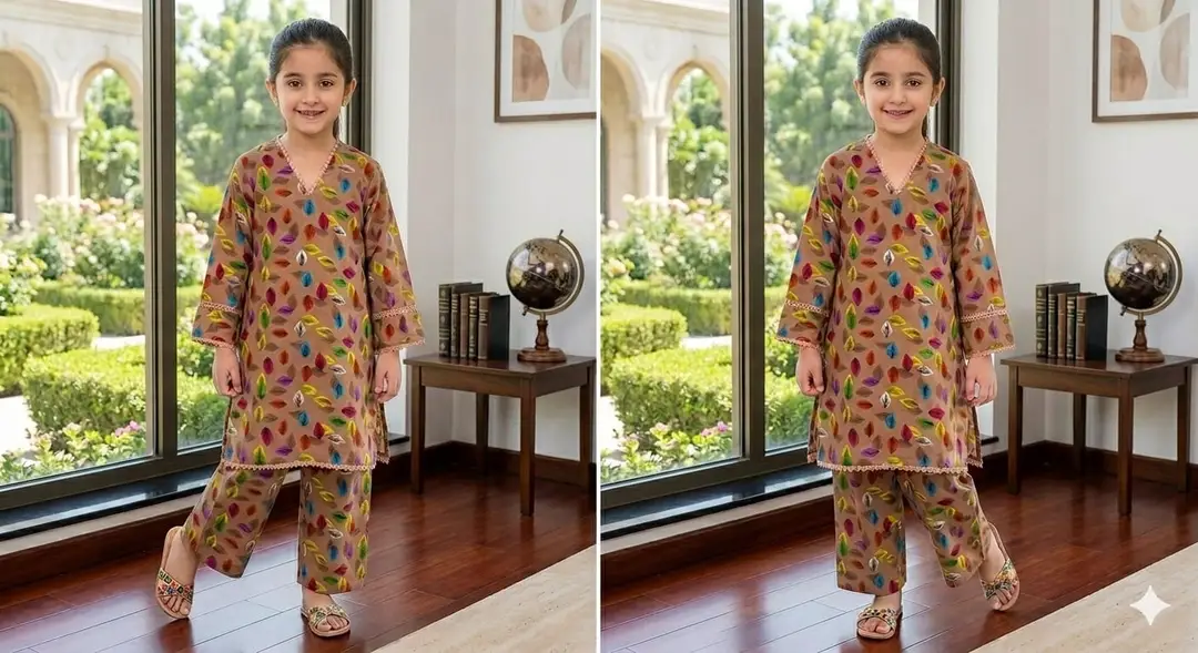 2 Pcs Girl's Cotton Lawn Printed Kurta And Pajama