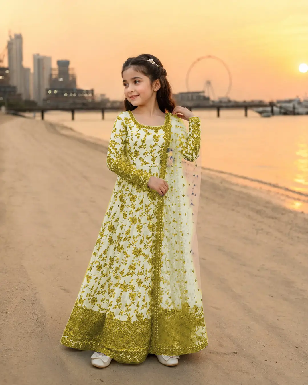 3 Pcs Girl's Karandi Printed Frock And Trouser Set