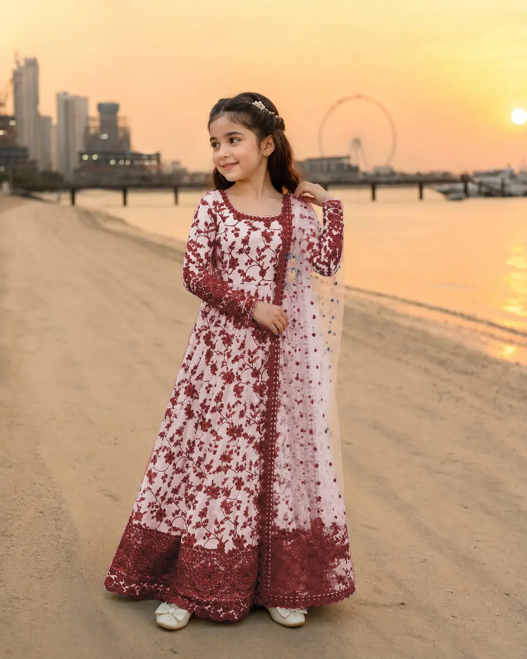 3 Pcs Girl's Karandi Printed Frock And Trouser Set