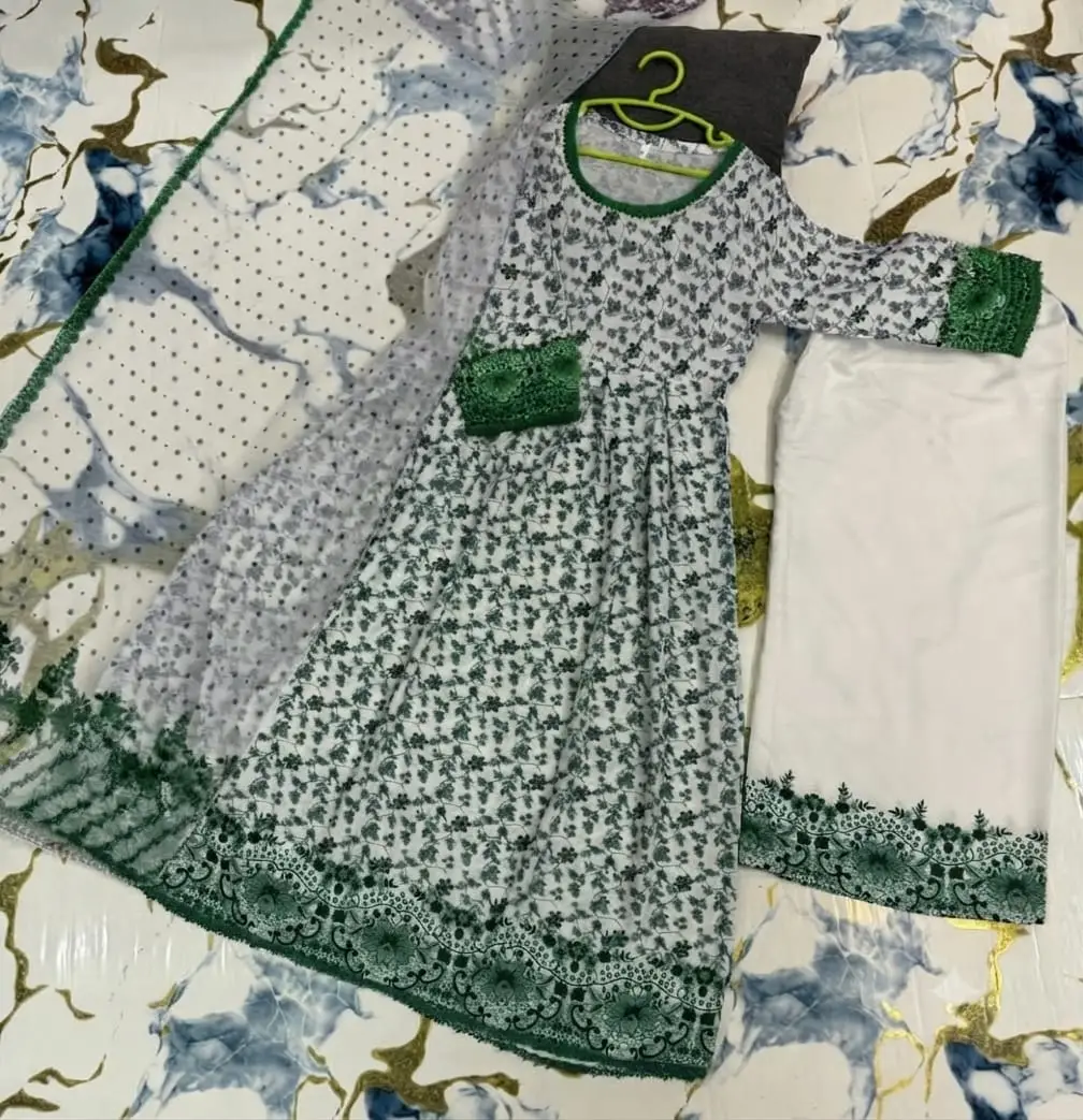 3 Pcs Girl's Arabic Lawn Printed Shirt And Trouser Suit