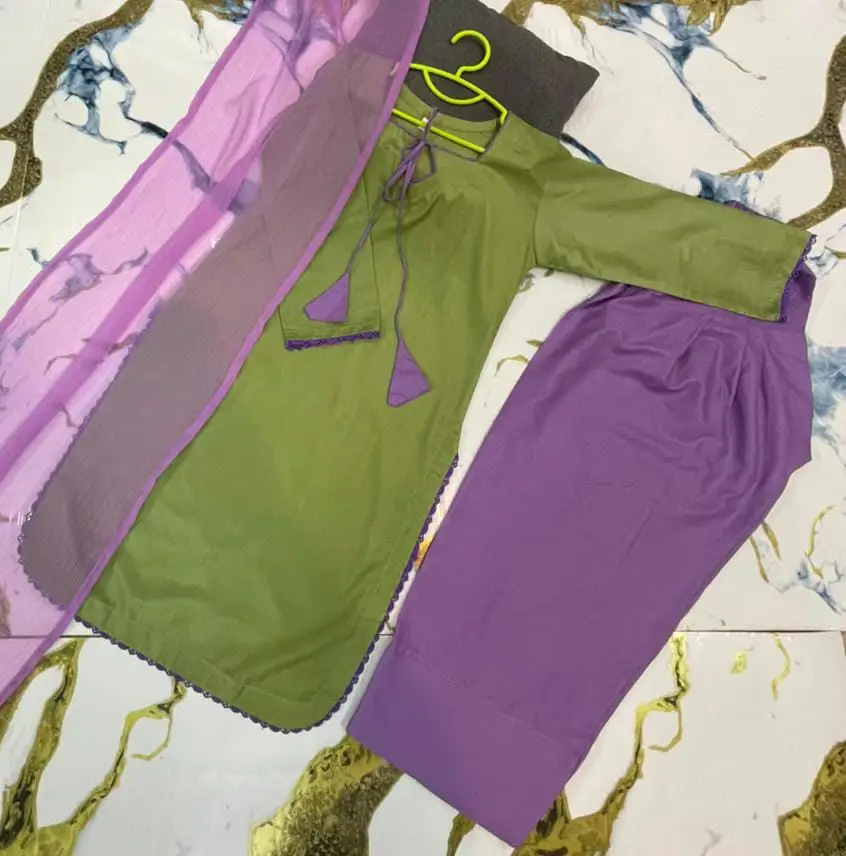3 Pcs Girl's Cotton Plain Stitched Suit
