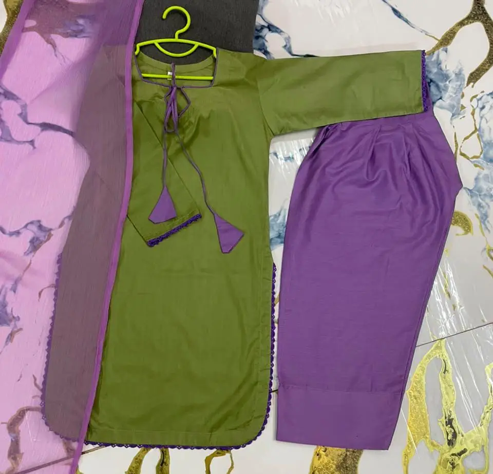 3 Pcs Girl's Cotton Plain Stitched Suit