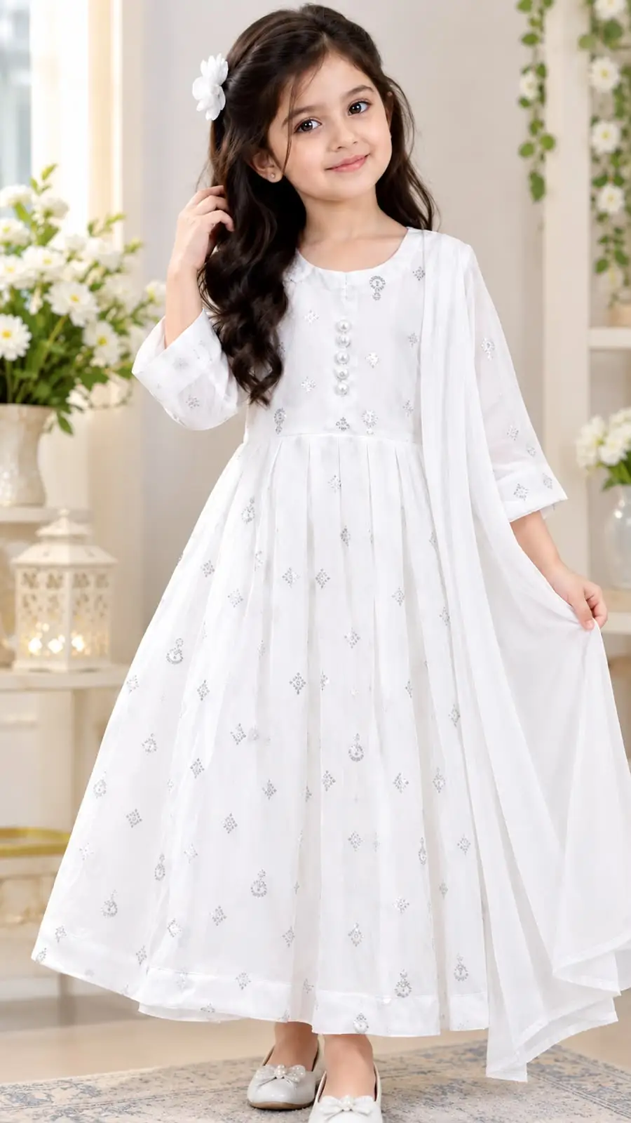 3 Pcs Girl's Chiffon Embroidered Frock And Trouser Set