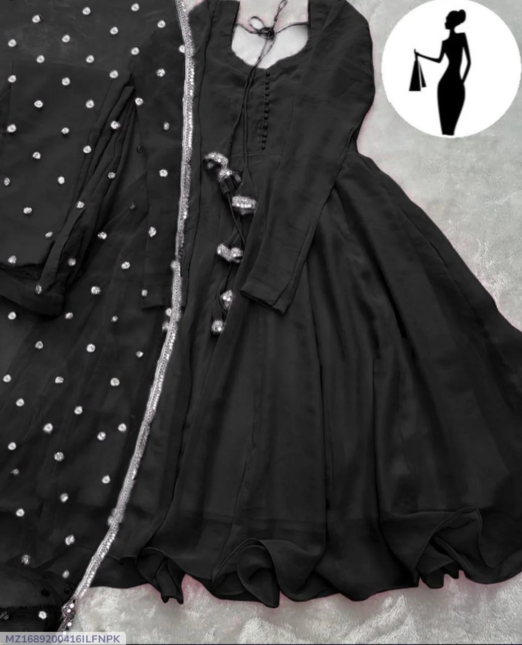 Black V-Neck Maxi Suit 3Pcs With Lace Dupatta