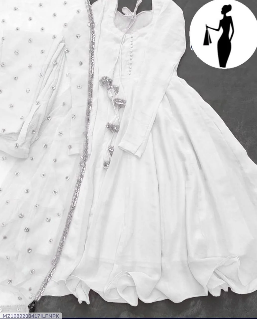 White V-Neck Chiffon Maxi Suit 3Pcs With Lace Dupatta