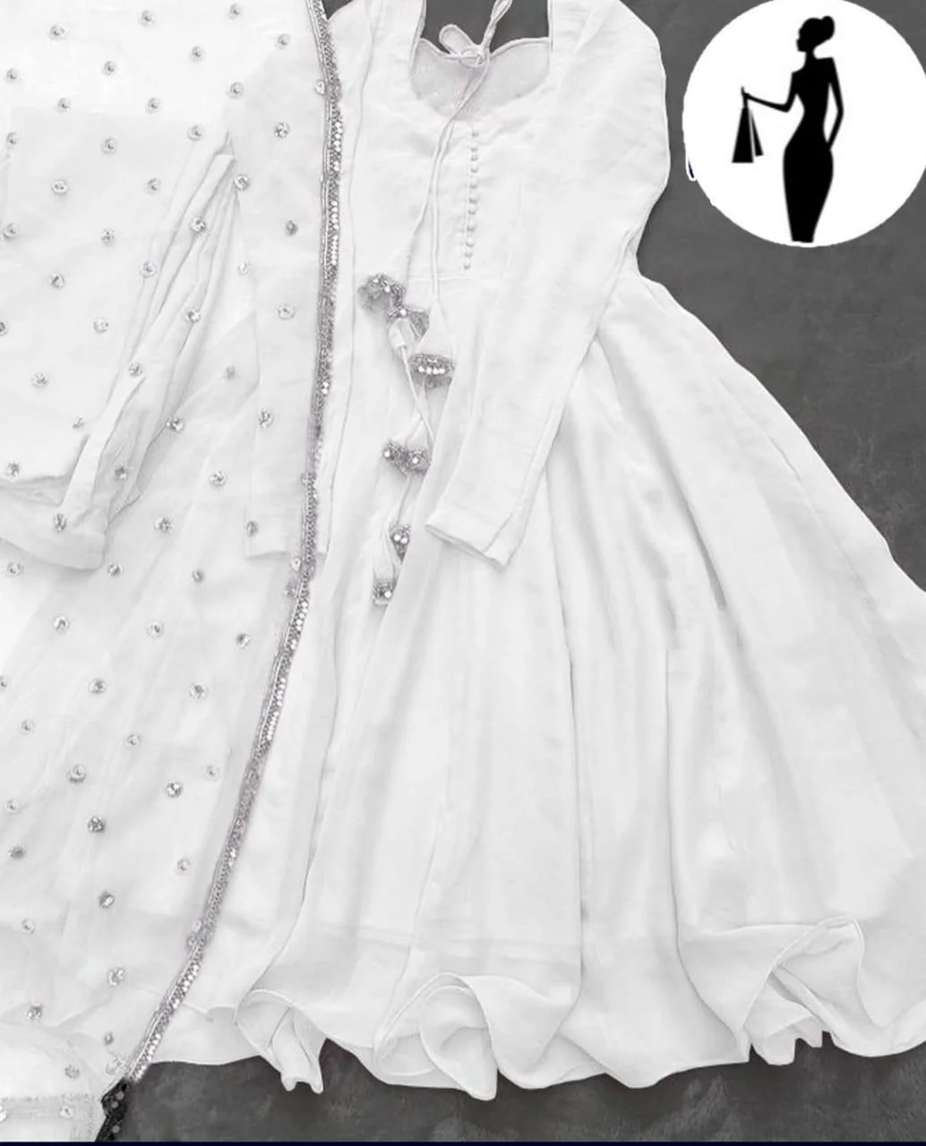 White V-Neck Chiffon Maxi Suit 3Pcs With Lace Dupatta