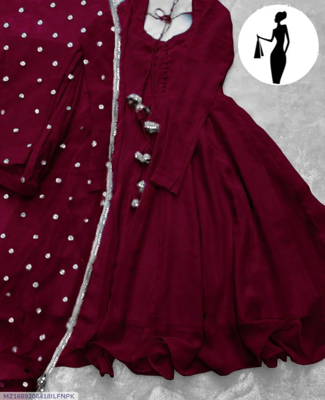 Maroon V-Neck Maxi Suit 3Pcs With Lace Dupatta