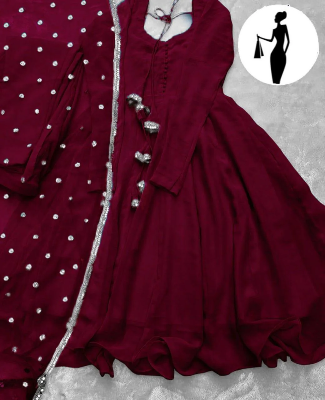 Maroon V-Neck Maxi Suit 3Pcs With Lace Dupatta