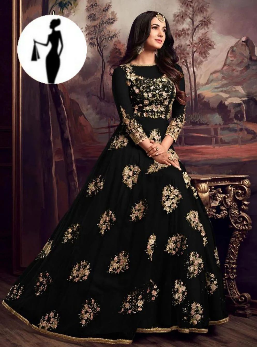 Black Embroidered Organza Maxi Set with Trouser