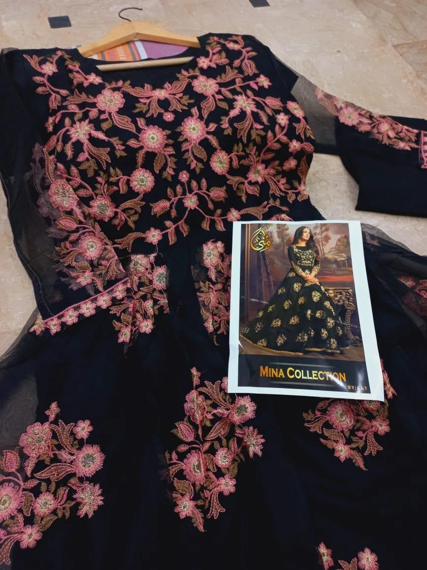 Black Embroidered Organza Maxi Set with Trouser