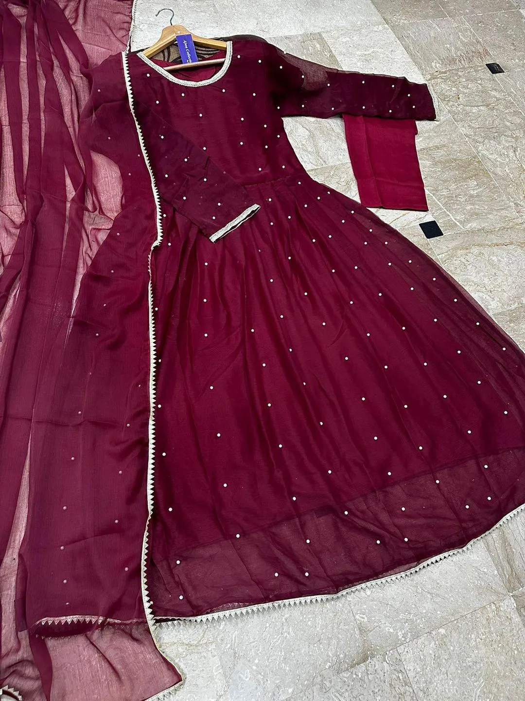 Maroon Chiffon Calligraphy Maxi Suit with Lace Dupatta 3Pcs