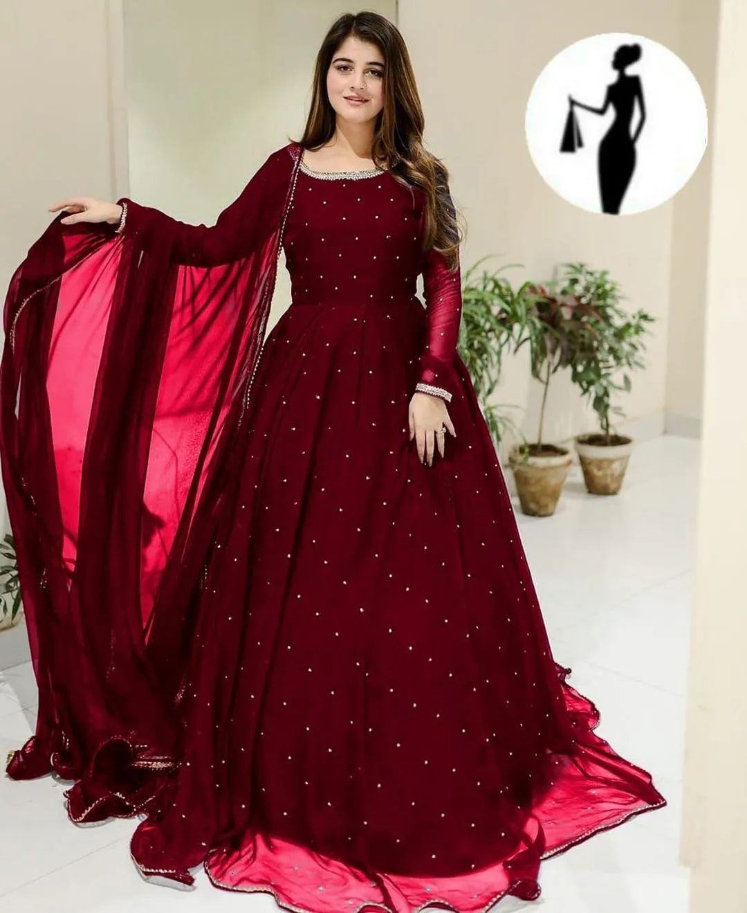 Maroon Chiffon Calligraphy Maxi Suit with Lace Dupatta 3Pcs