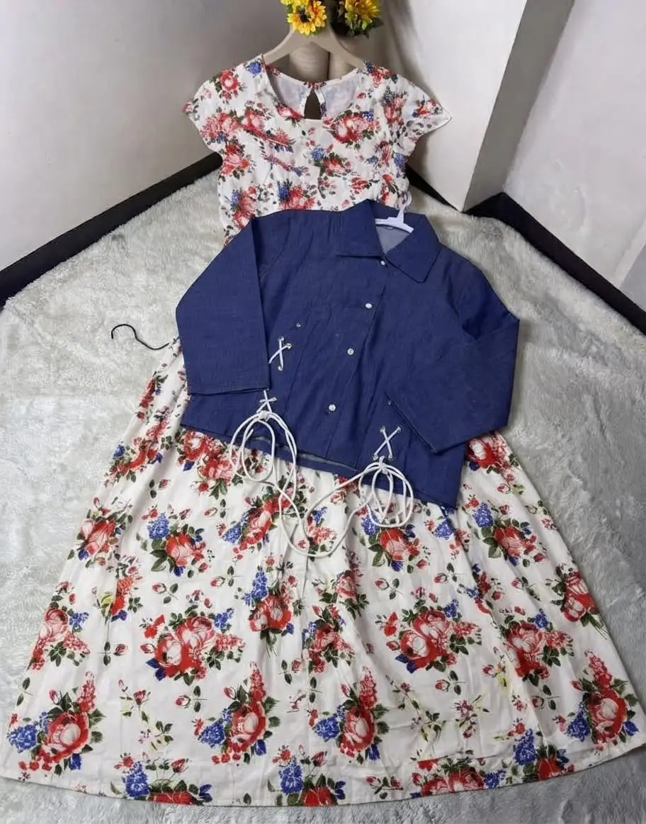 2 Pcs Women's Stitched Cotton Printed Maxi and Jacket