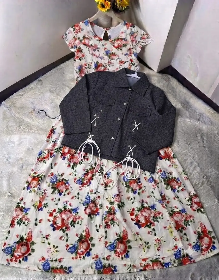 2 Pcs Women's Stitched Cotton Printed Maxi and Jacket