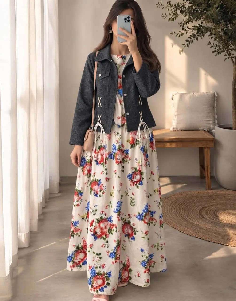 2 Pcs Women's Stitched Cotton Printed Maxi and Jacket