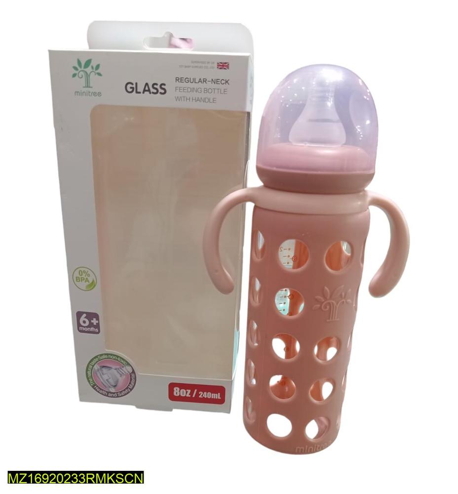 Baby Glass Feeder Bottle With Handle, 240 ML