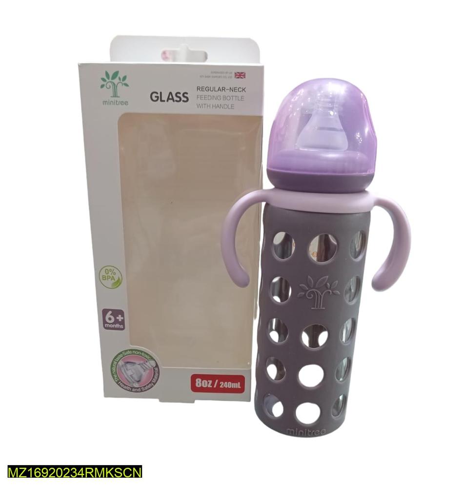 Baby Glass Feeder Bottle With Handle, 240 ML