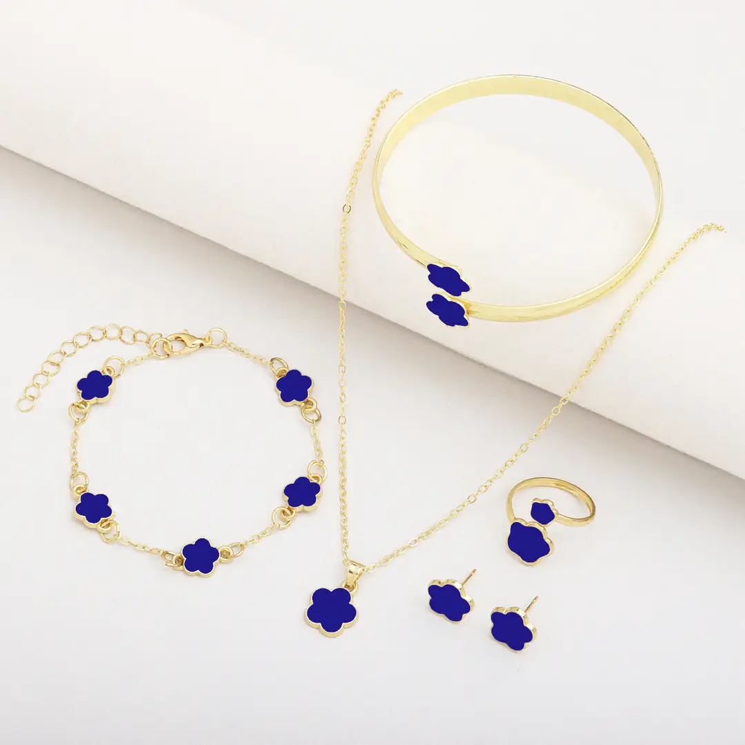 Blue Flower 5 Pcs Jewellery Set for Women Gold Plated