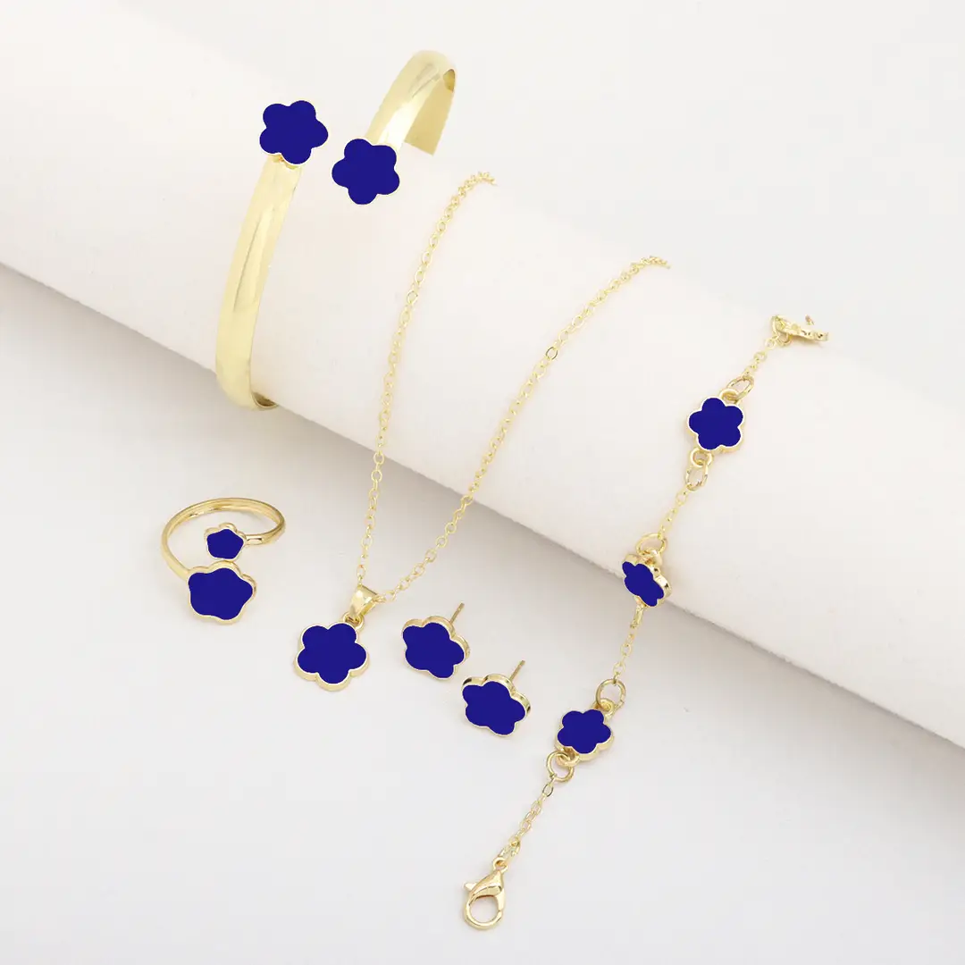 Blue Flower 5 Pcs Jewellery Set for Women Gold Plated