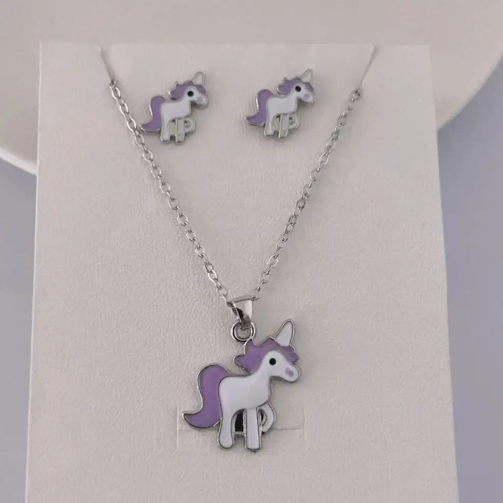 Purple Unicorn 3 Pcs Jewellery Set for Girls Silver Tone