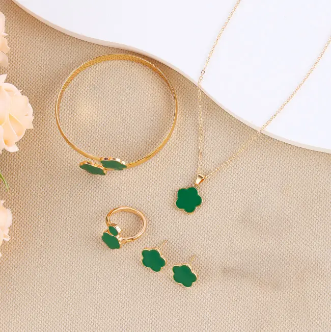 Green Flower 5 Pcs Jewellery Set for Women Gold Plated