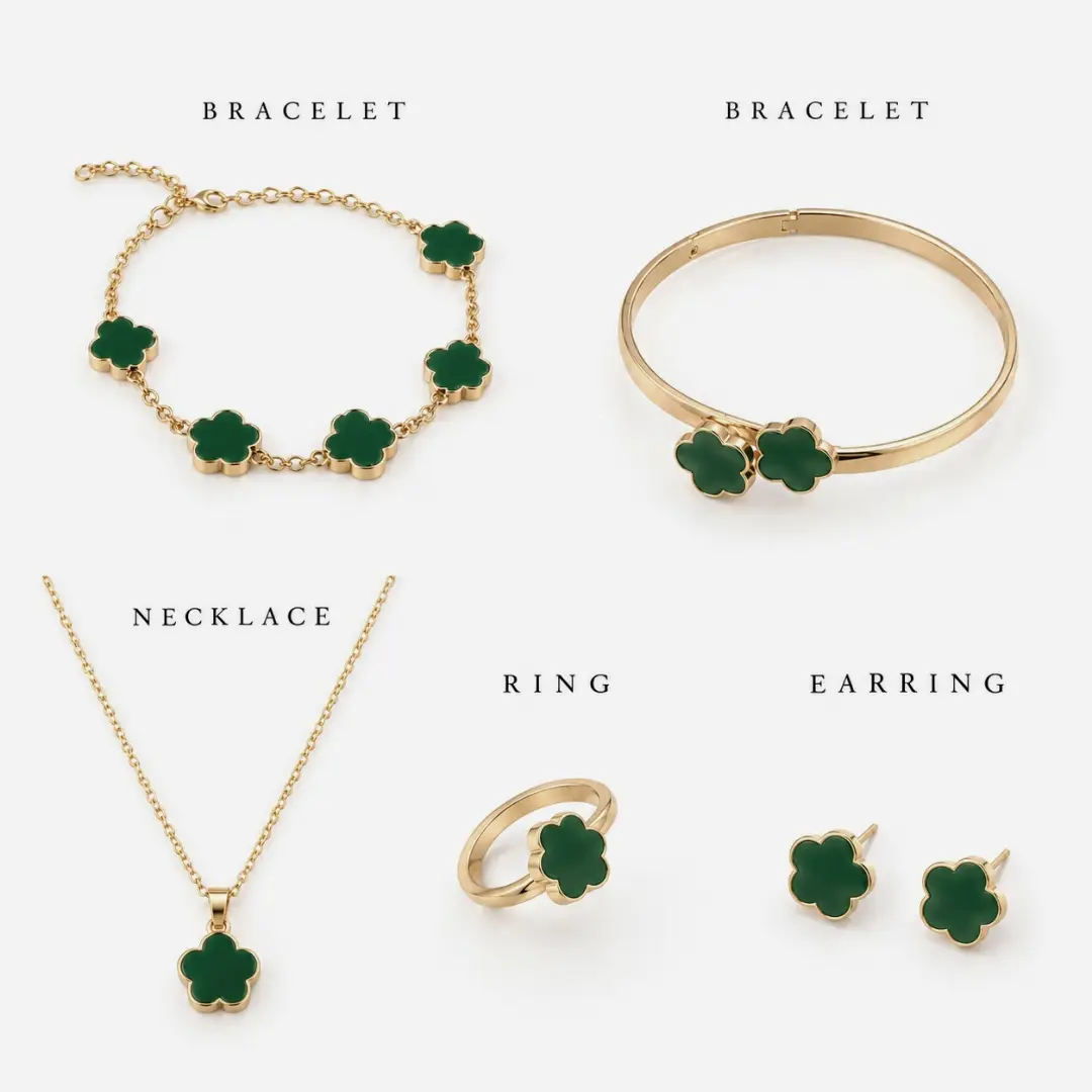 Green Flower 5 Pcs Jewellery Set for Women Gold Plated