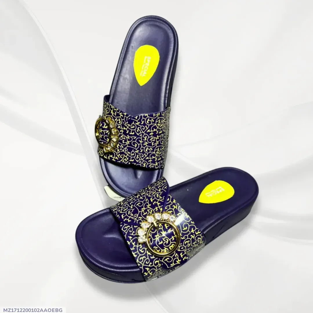 Women's Blue Glitter Rexine Slides with Gold Embroidery