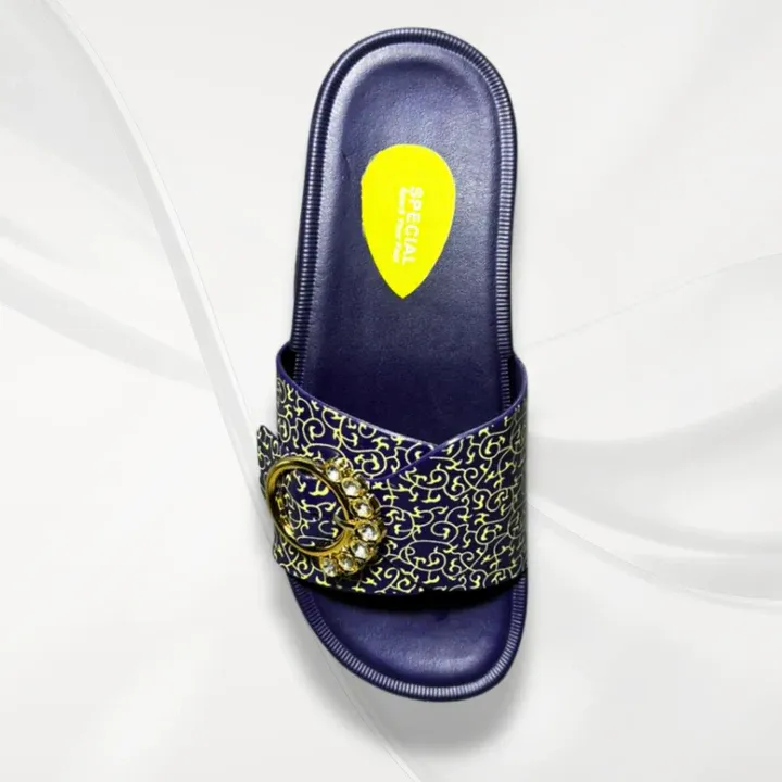 Women's Blue Glitter Rexine Slides with Gold Embroidery