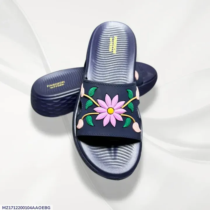 Women's Blue Floral Rexine Slides Comfortable Office Wear