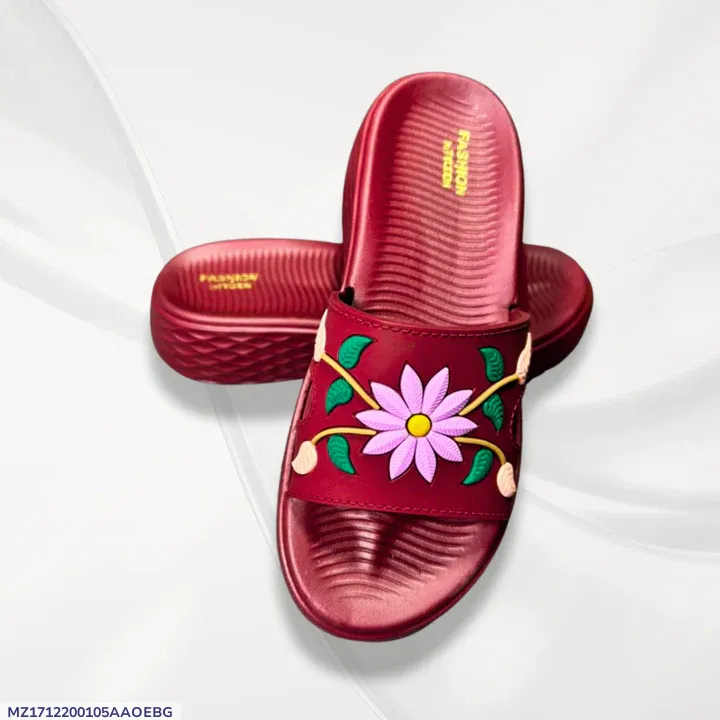 Women's Red Floral Rexine Slides Comfortable Office Wear