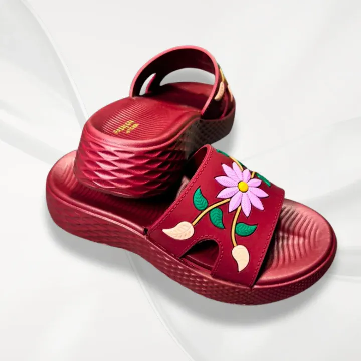 Women's Red Floral Rexine Slides Comfortable Office Wear
