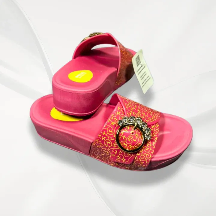 Women's Pink Rexine Fancy Slides with Embroidered Decor