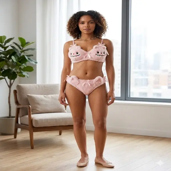 Labubu Style Half Cup Padded Wool Embroidered Bikini Set(Bra+Panty), 1 Set
