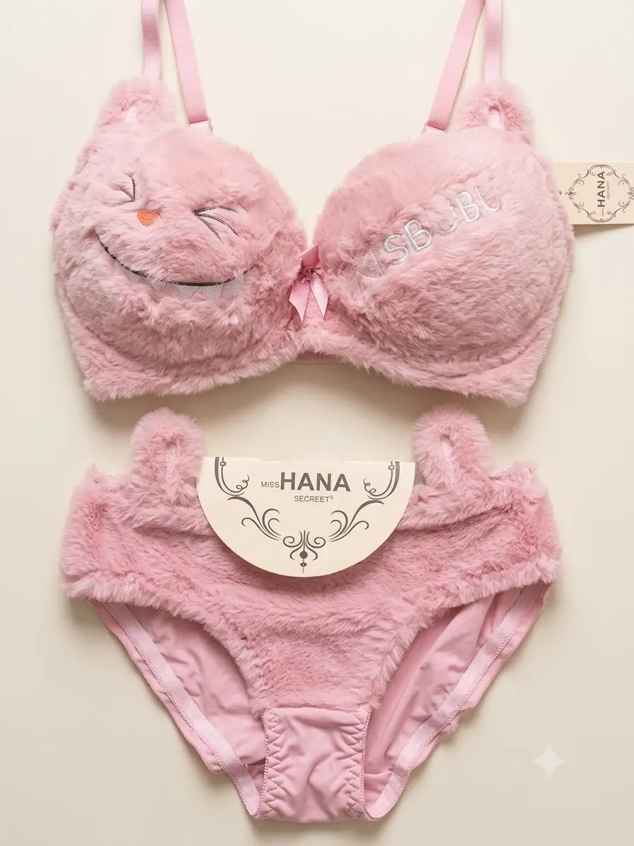 Fluffy Cute Furr Style Double Padded bra with Panty , 1 Set