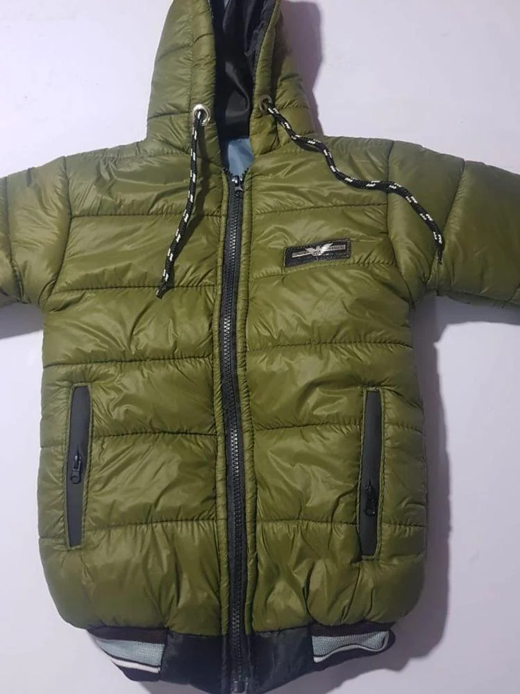 Boy's Olive Green Quilted Puffer Jacket with Hood & Zip Pockets