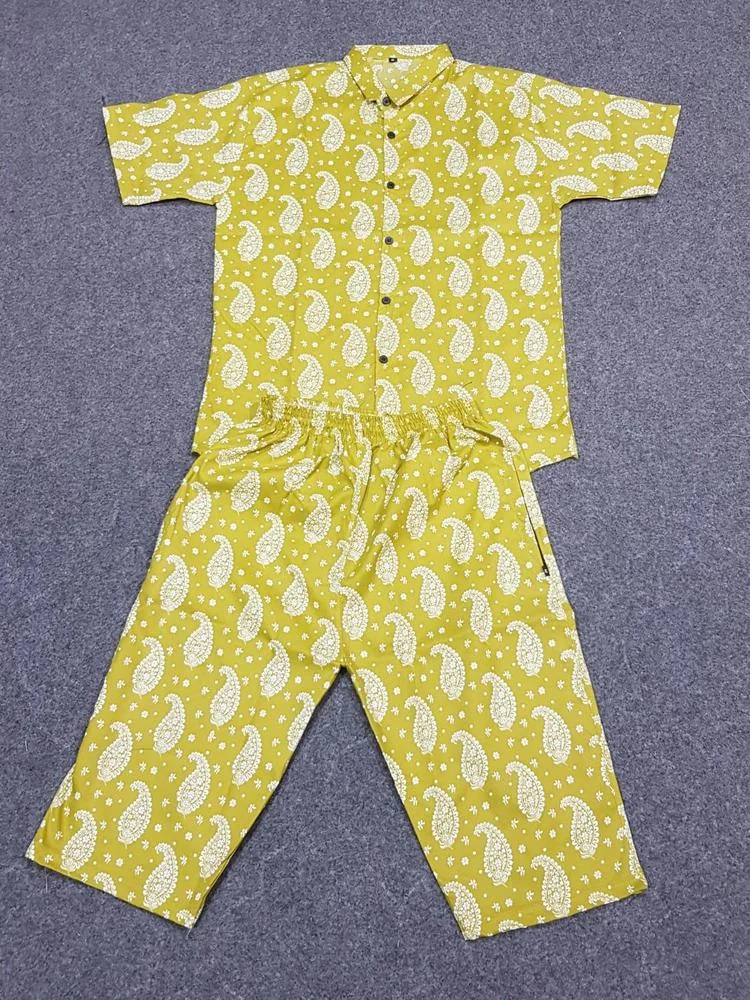 Men Cotton Paisley Star Co-ord Set Yellow Medium to XL