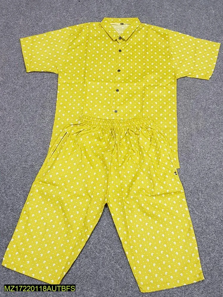Men Cotton Printed Co-ord Set Yellow White Pattern