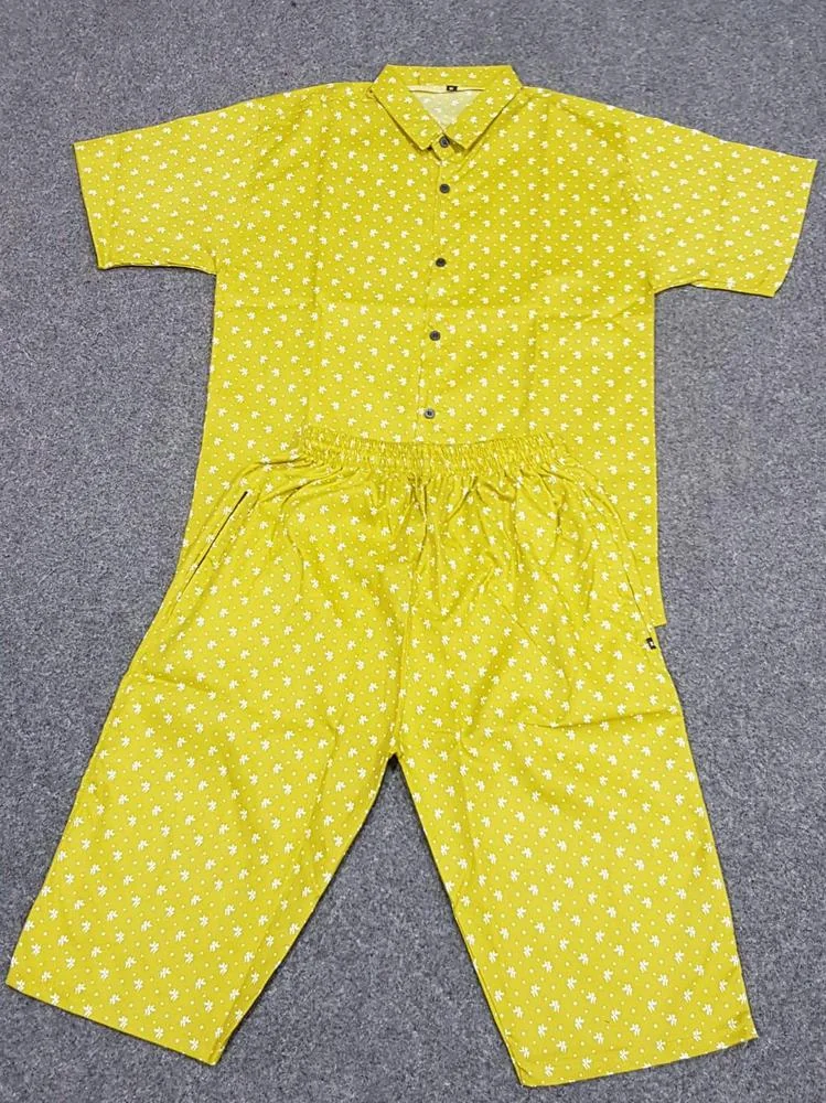Men Cotton Printed Co-ord Set Yellow White Pattern