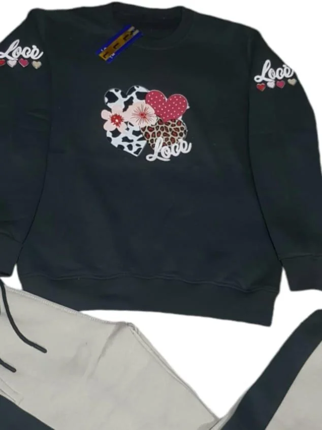 Men Cotton Printed Track Suit Black 2Pcs Winter