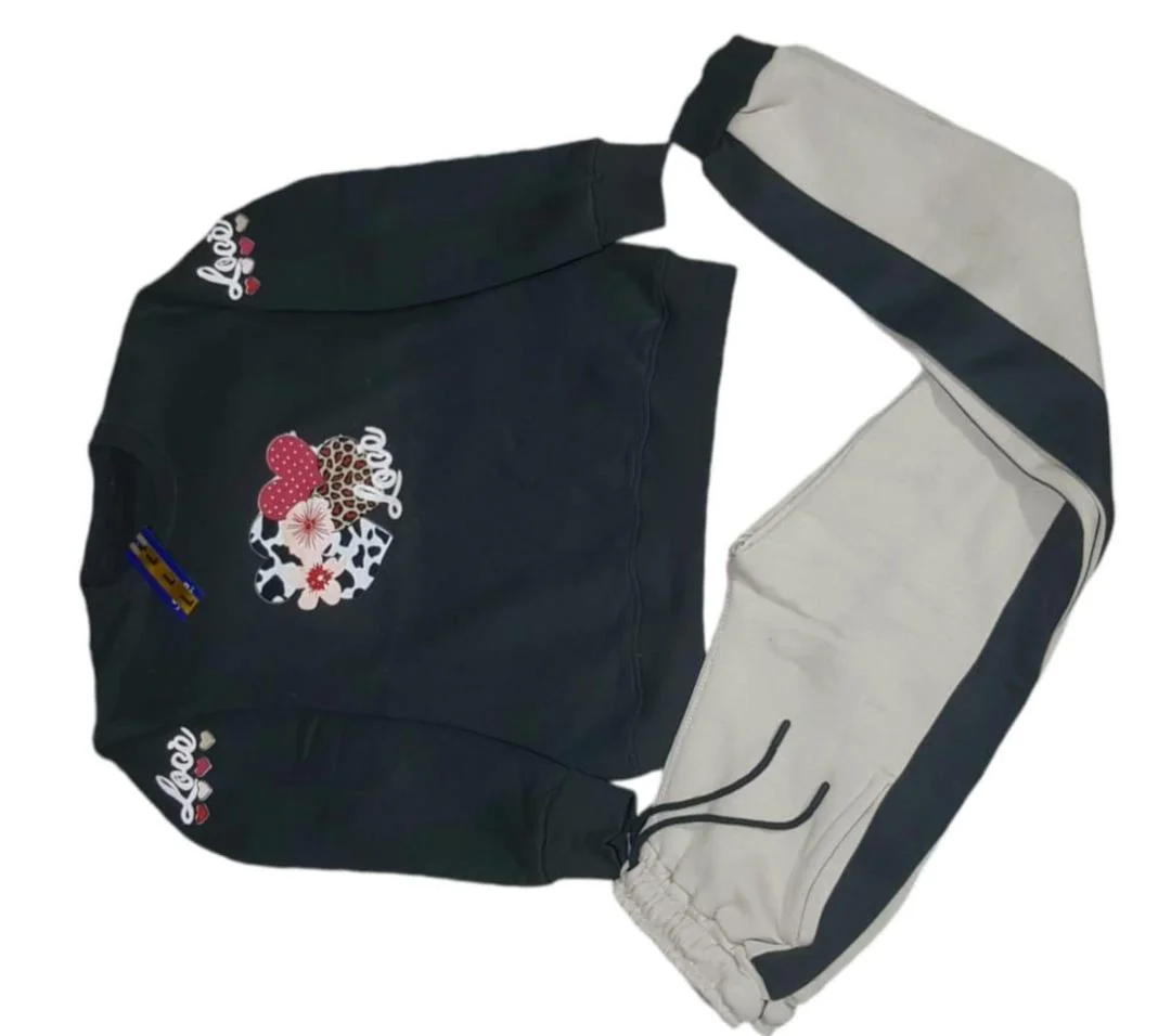 Men Cotton Printed Track Suit Black 2Pcs Winter
