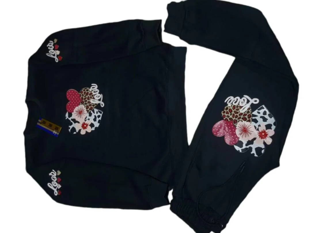 Men Cotton Printed Track Suit Black 2Pcs Winter