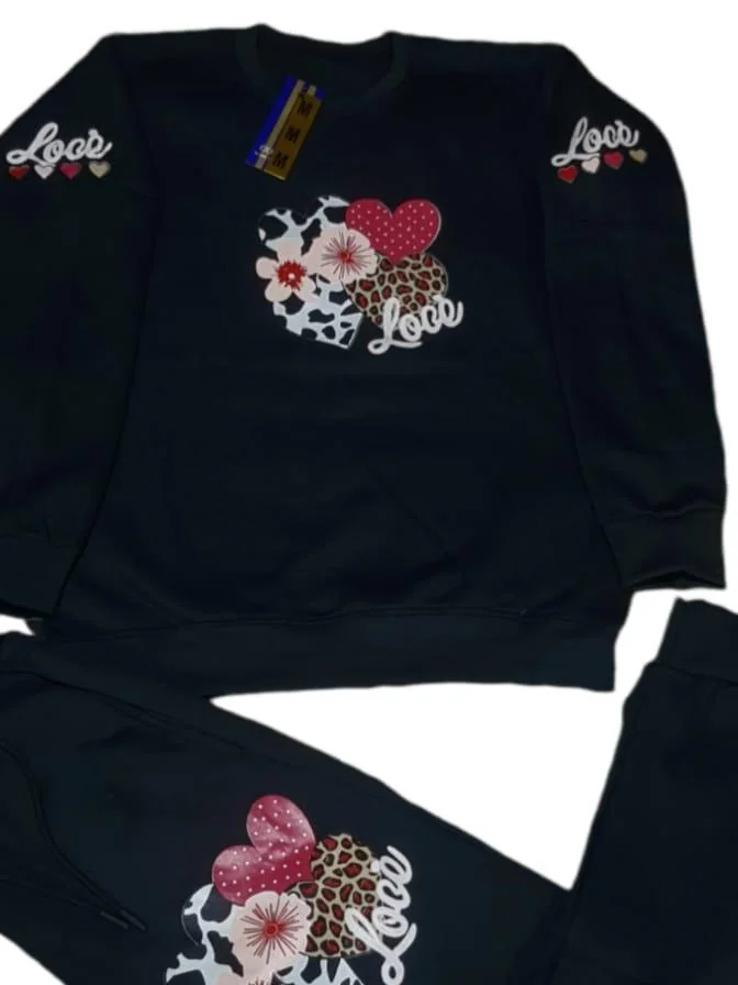 Men Cotton Printed Track Suit Black 2Pcs Winter