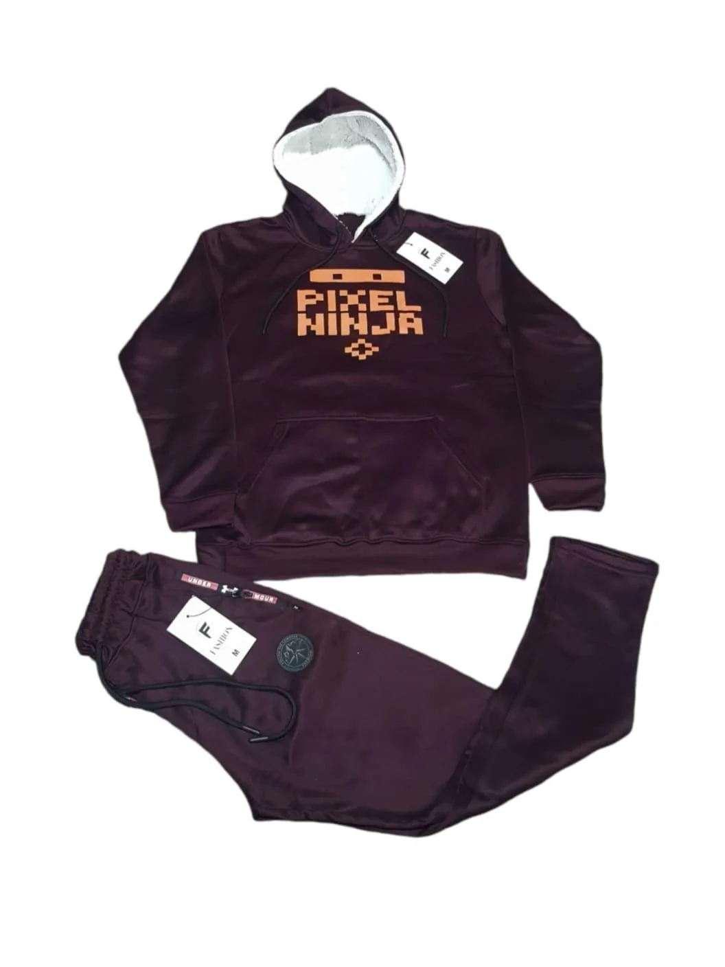 Men Fleece Hoodie Track Suit Maroon Pixel Ninja Medium to XL