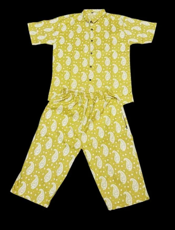 Men Cotton Paisley Printed Co-ord Set Yellow Medium to XL