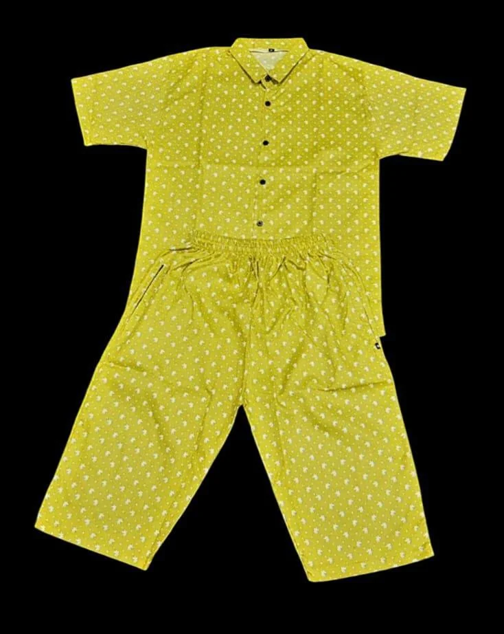 Men Cotton Polka Dot Co-ord Set Yellow Medium to XL