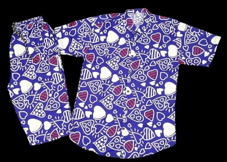 Men Cotton Heart Print Co-ord Set Blue Medium to XL